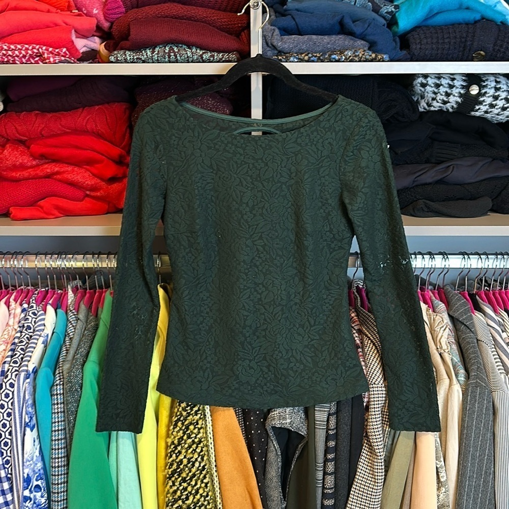 Zara green long sleeve back cutout lace top size S